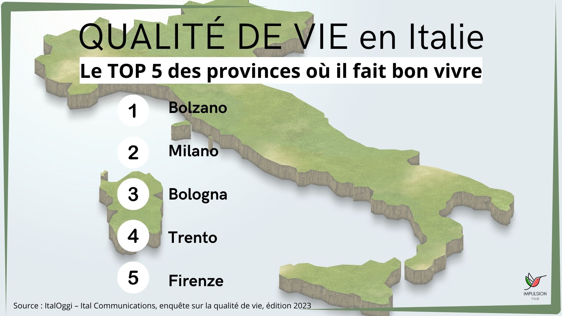 qualité de vie en Italie TOP 5 des provinces - 2023 Qualité de vie en Italie<br />
Le TOP 5 des villes où il fait bon vivre